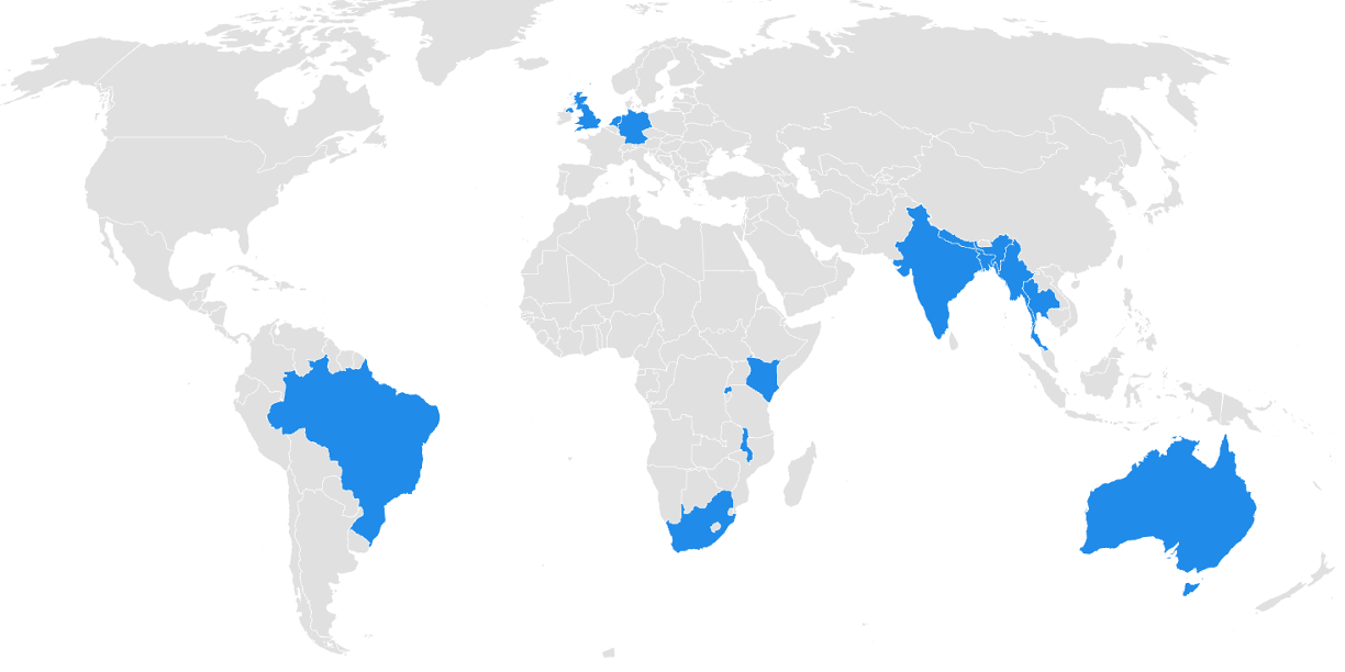 Countries that PlanAdapt Coordination Hub members are based in or originate from
